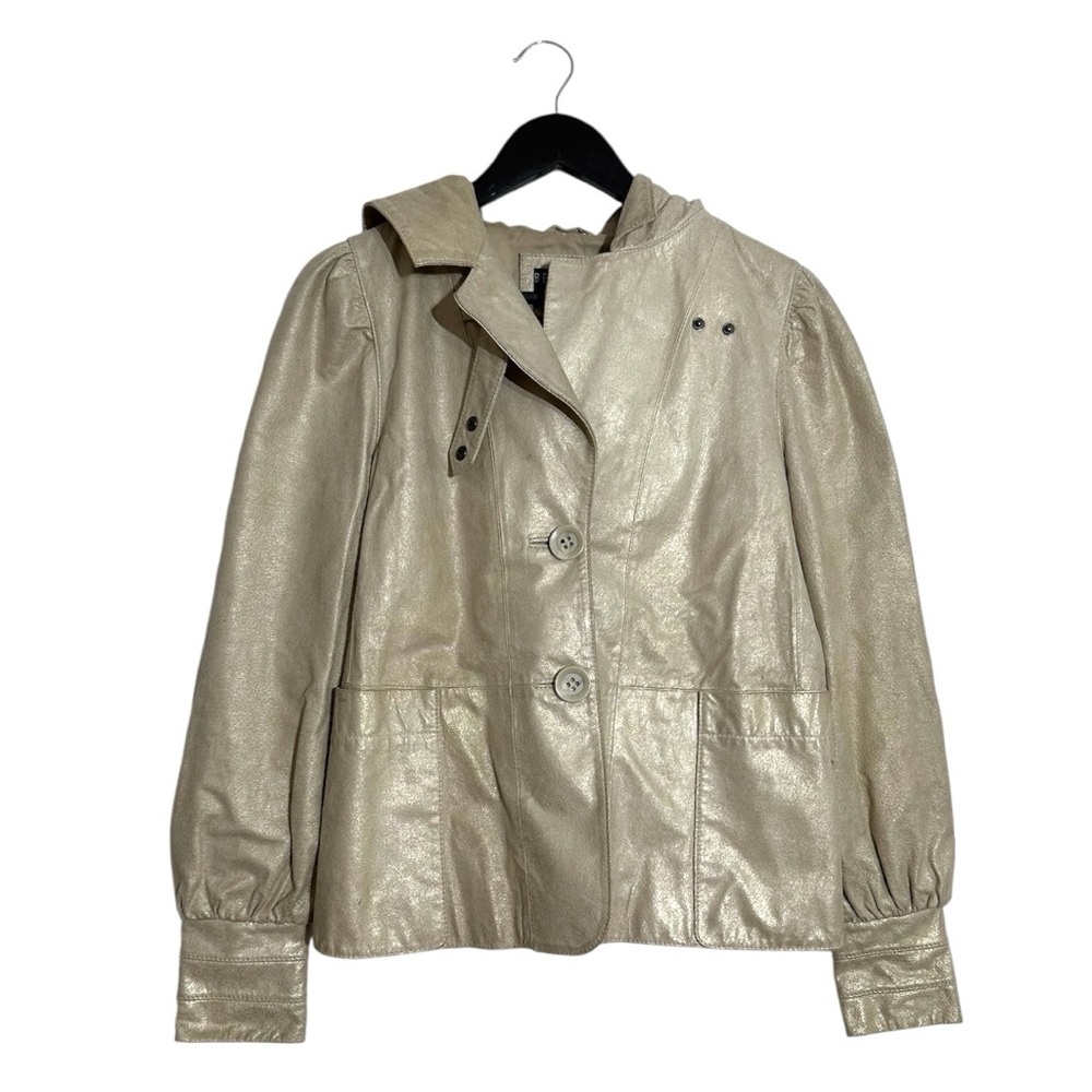 Bernardo Metallic Leather Hooded Jacket Button Front Vintage Size Small